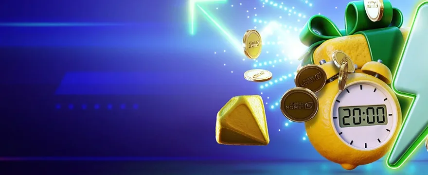 Lemon Casino – zegar, piorun i stos monet na banerze spinów