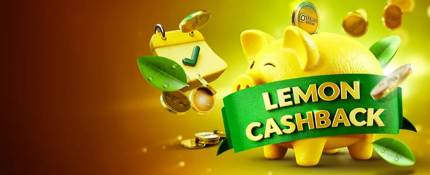 Lemon Casino – żółta świnka-skarbonka z monetami na banerze zwrotu